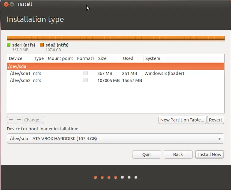 partition table ubuntu install